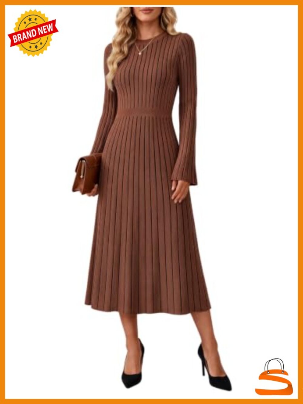 Womens Long Sleeve Midi Sweater Dress Crew Neck A-Line Ribbed Knit